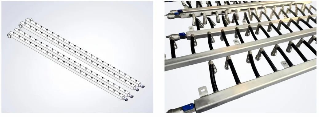 Rack and row manifolds with multiple branches and fluid connection interfaces