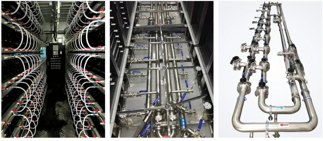 Liquid cooling piping installation and stainless steel pipeline module with valves